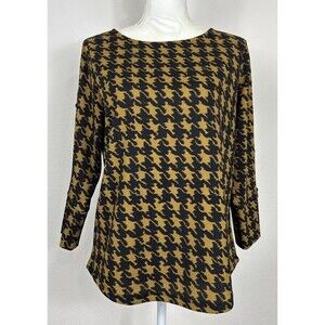 Ann Taylor Factory Gold & Black Herringbone Pattern Pullover Blouse Size M 8/10